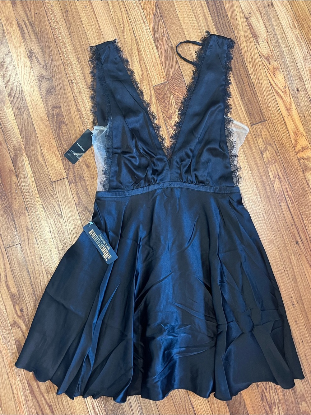 BeBe Black Satin Lace Trim Plunge V-Neck Dress with Lace Sides Size Small